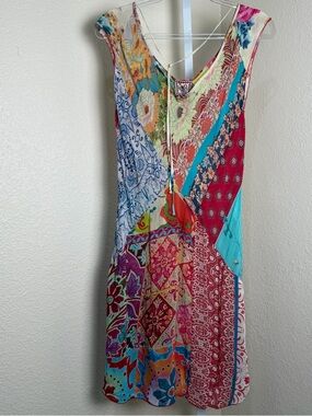 Johnny Was XS Sheer Sleeveless Vneck Bias Cut Patchwork Dress Swim Cover
